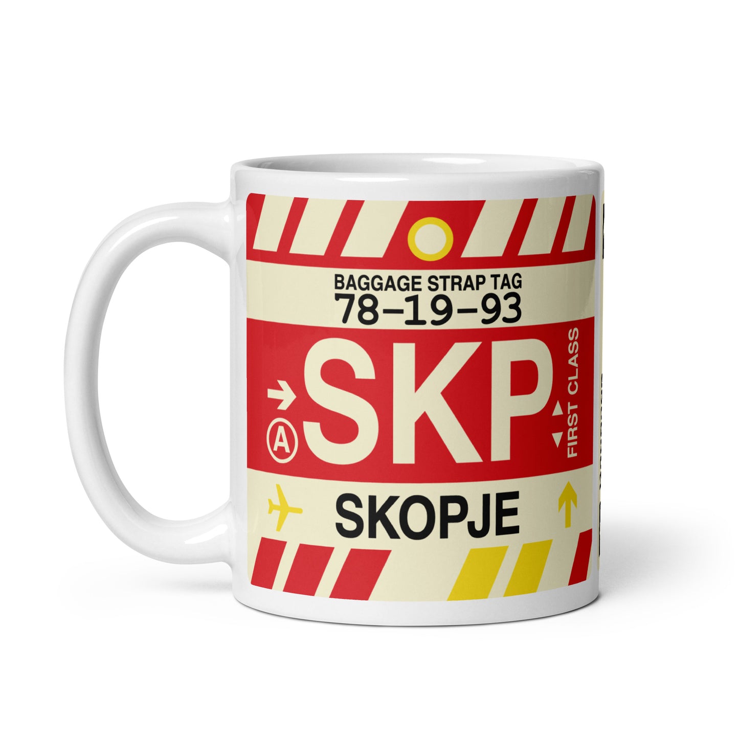 SKP Skopje Coffee Mug • Jet Age Baggage Tag Design • YHM Designs - Image 02