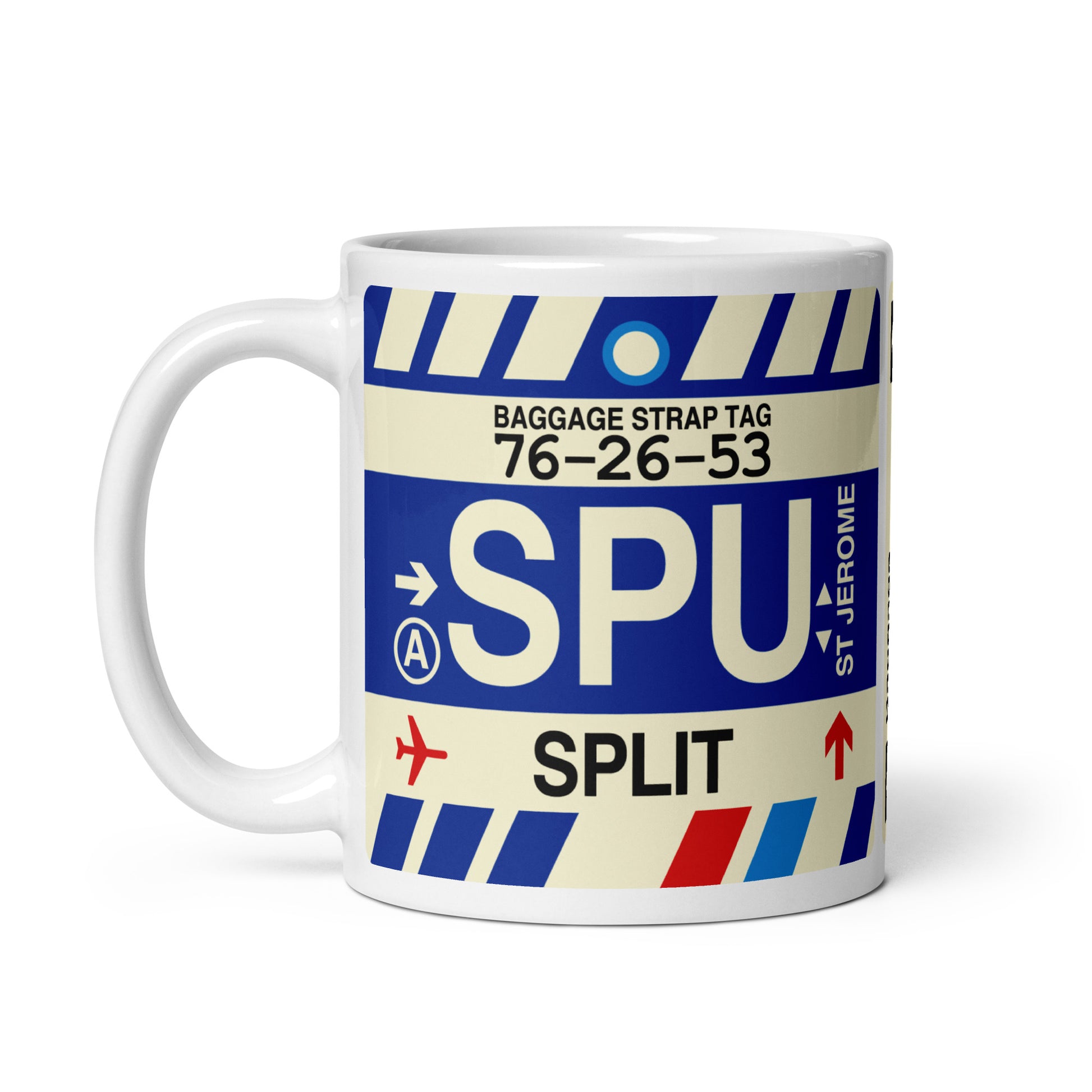 SPU Split Coffee Mug • Jet Age Baggage Tag Design • YHM Designs - Image 02