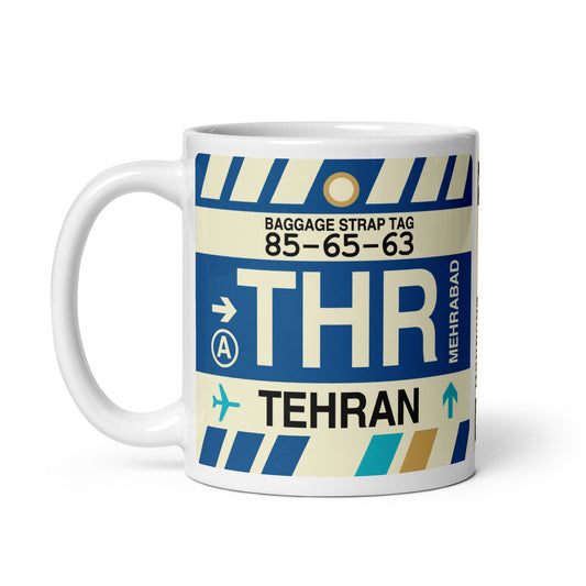 THR Tehran Coffee Mug • Jet Age Baggage Tag Design • YHM Designs - Image 02