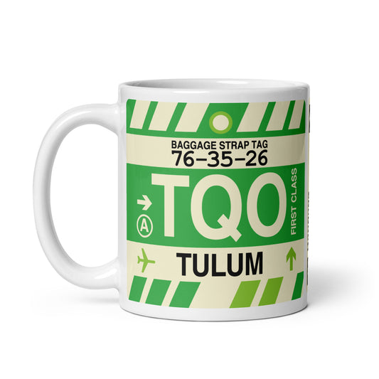 TQO Tulum Coffee Mug • Jet Age Baggage Tag Design • YHM Designs - Image 02