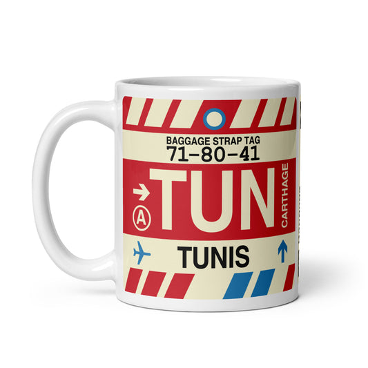 TUN Tunis Coffee Mug • Jet Age Baggage Tag Design • YHM Designs - Image 02
