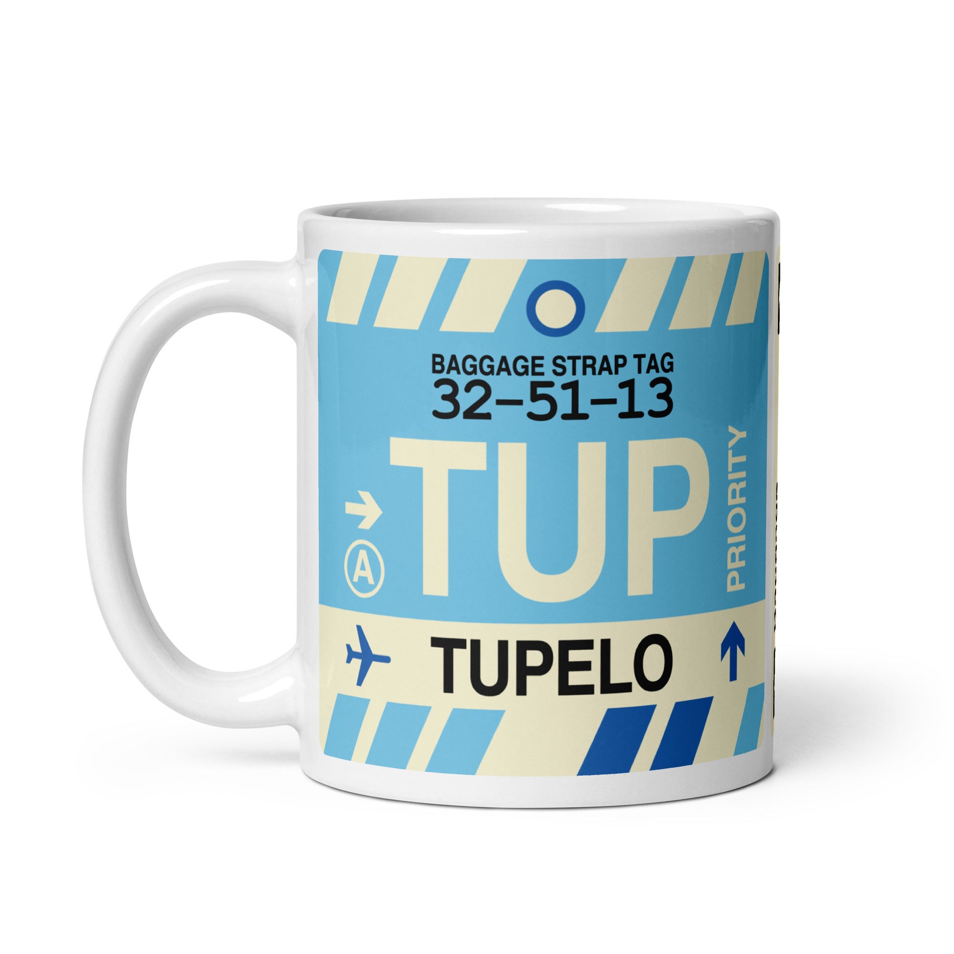 TUP Tupelo Coffee Mug • Jet Age Baggage Tag Design • YHM Designs - Image 02