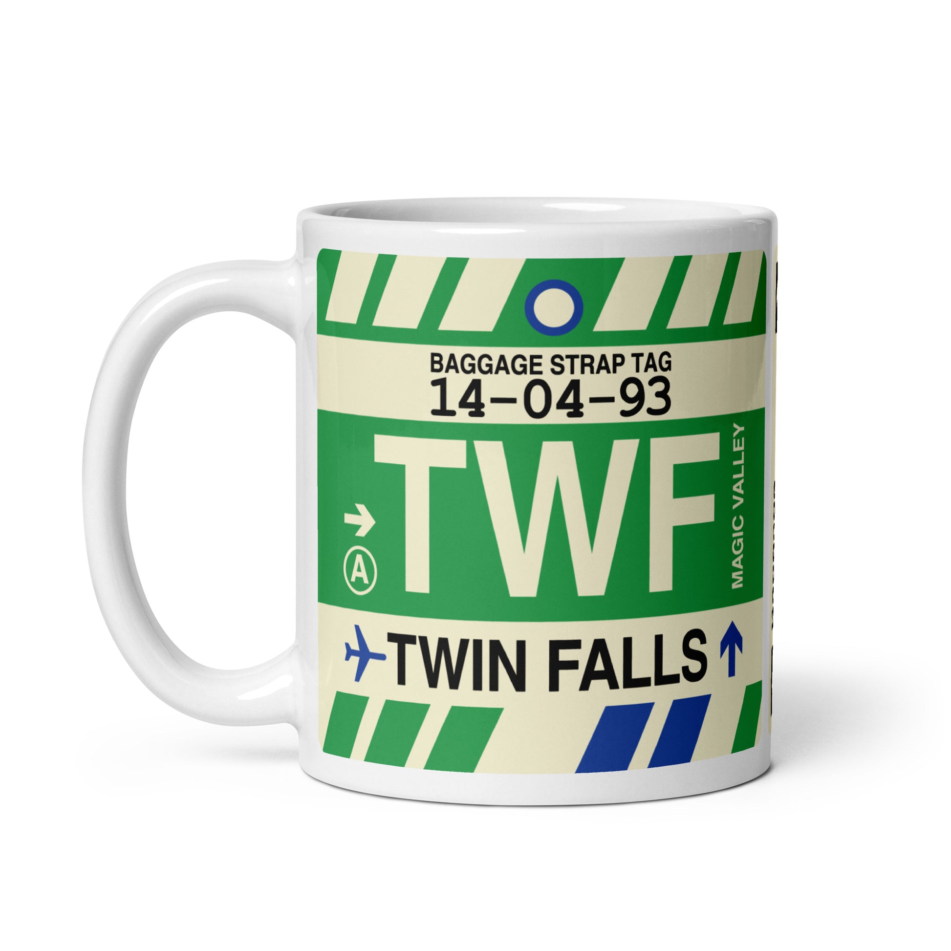 TWF Twin Falls Coffee Mug • Jet Age Baggage Tag Design • YHM Designs - Image 02
