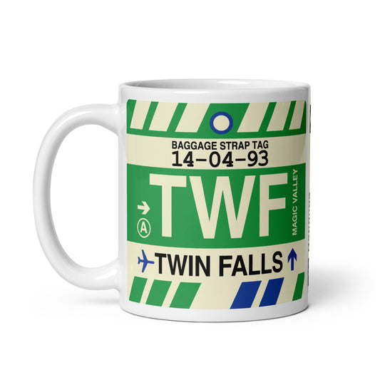 TWF Twin Falls Coffee Mug • Jet Age Baggage Tag Design • YHM Designs - Image 02