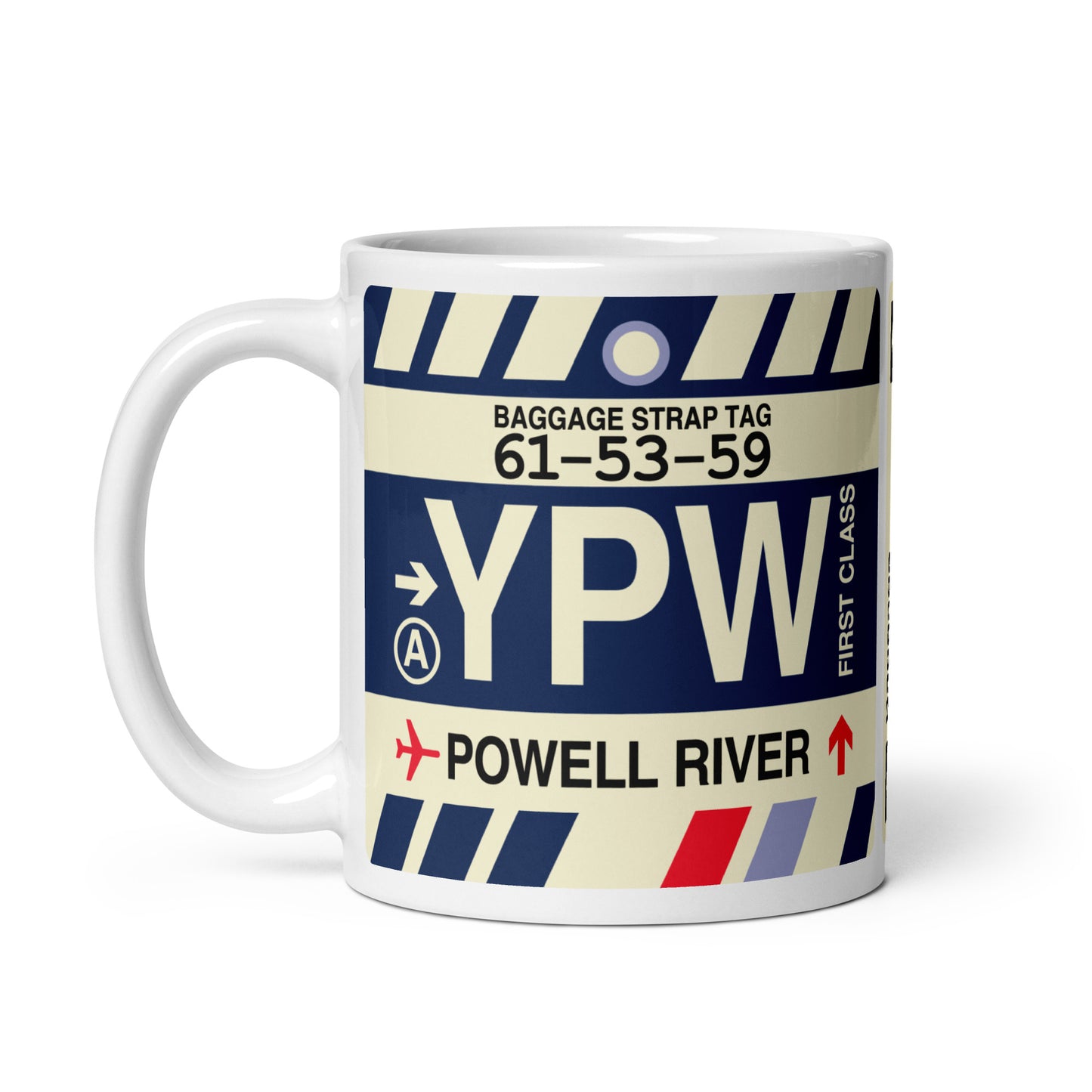 YPW Powell River Coffee Mug • Jet Age Baggage Tag Design • YHM Designs - Image 02