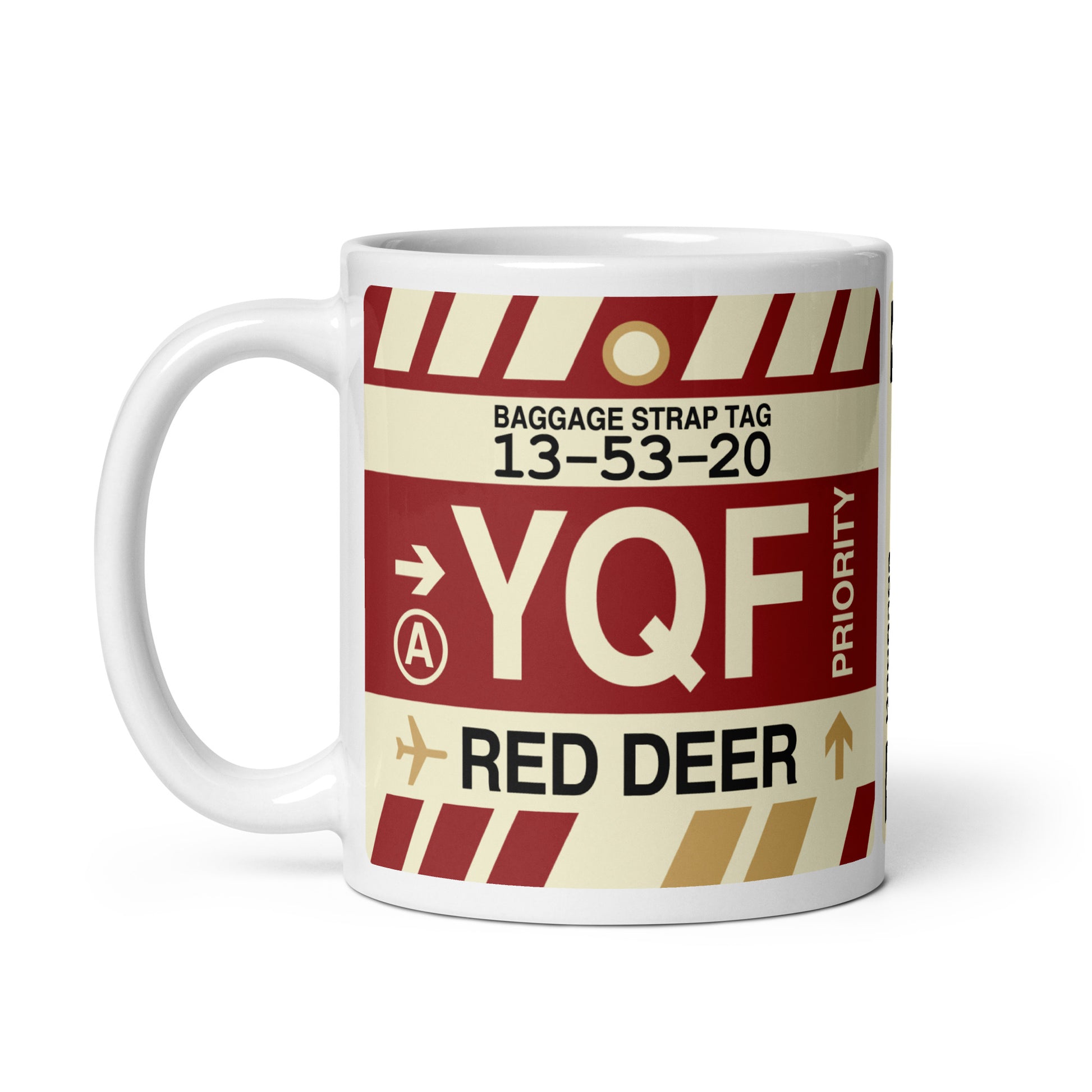 YQF Red Deer Coffee Mug • Jet Age Baggage Tag Design • YHM Designs - Image 02