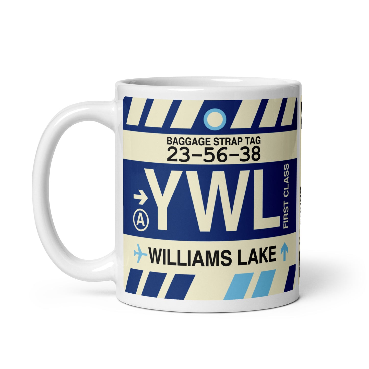 YWL Williams Lake Coffee Mug • Jet Age Baggage Tag Design • YHM Designs - Image 02