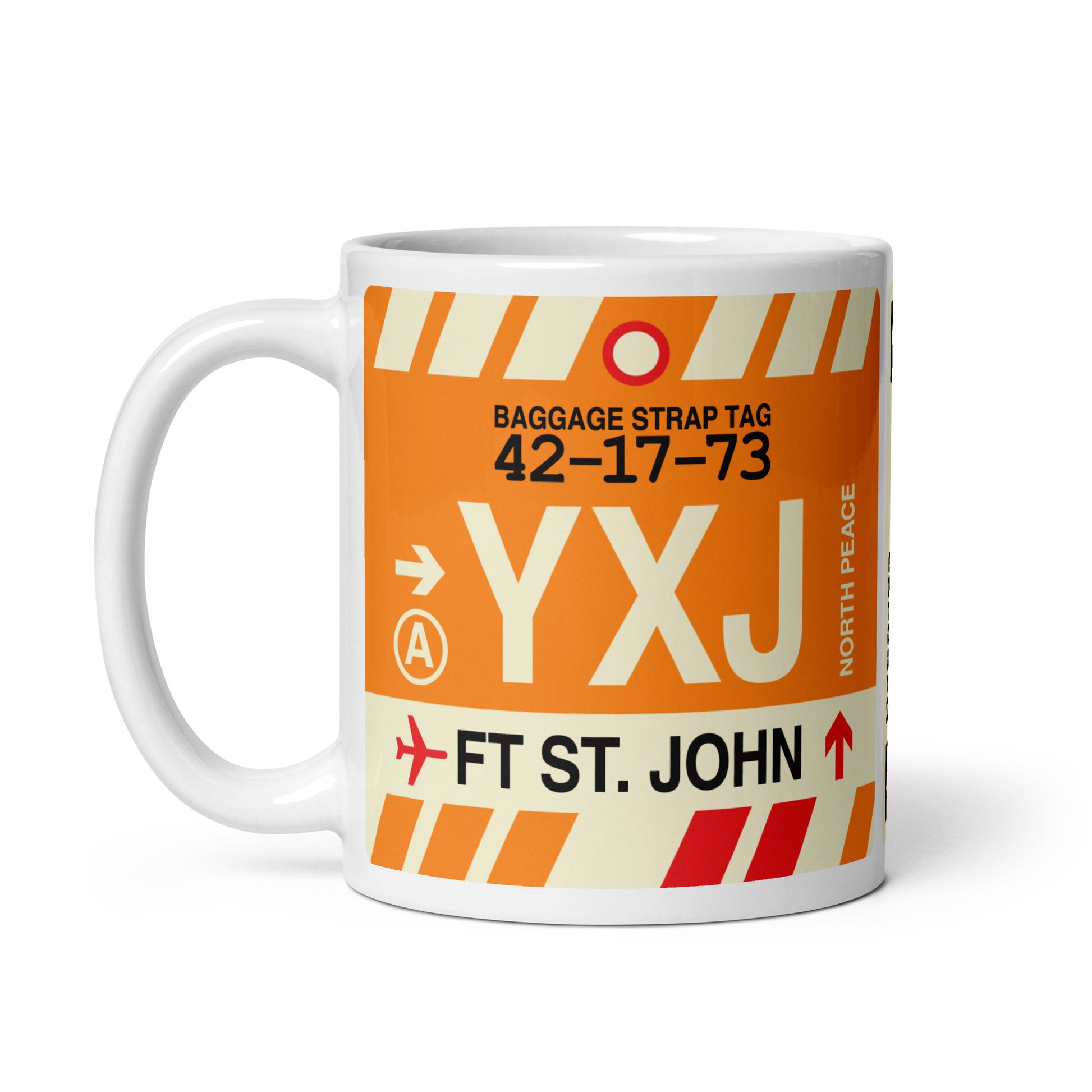 YXJ Fort St. John Coffee Mug • Jet Age Baggage Tag Design • YHM Designs - Image 02