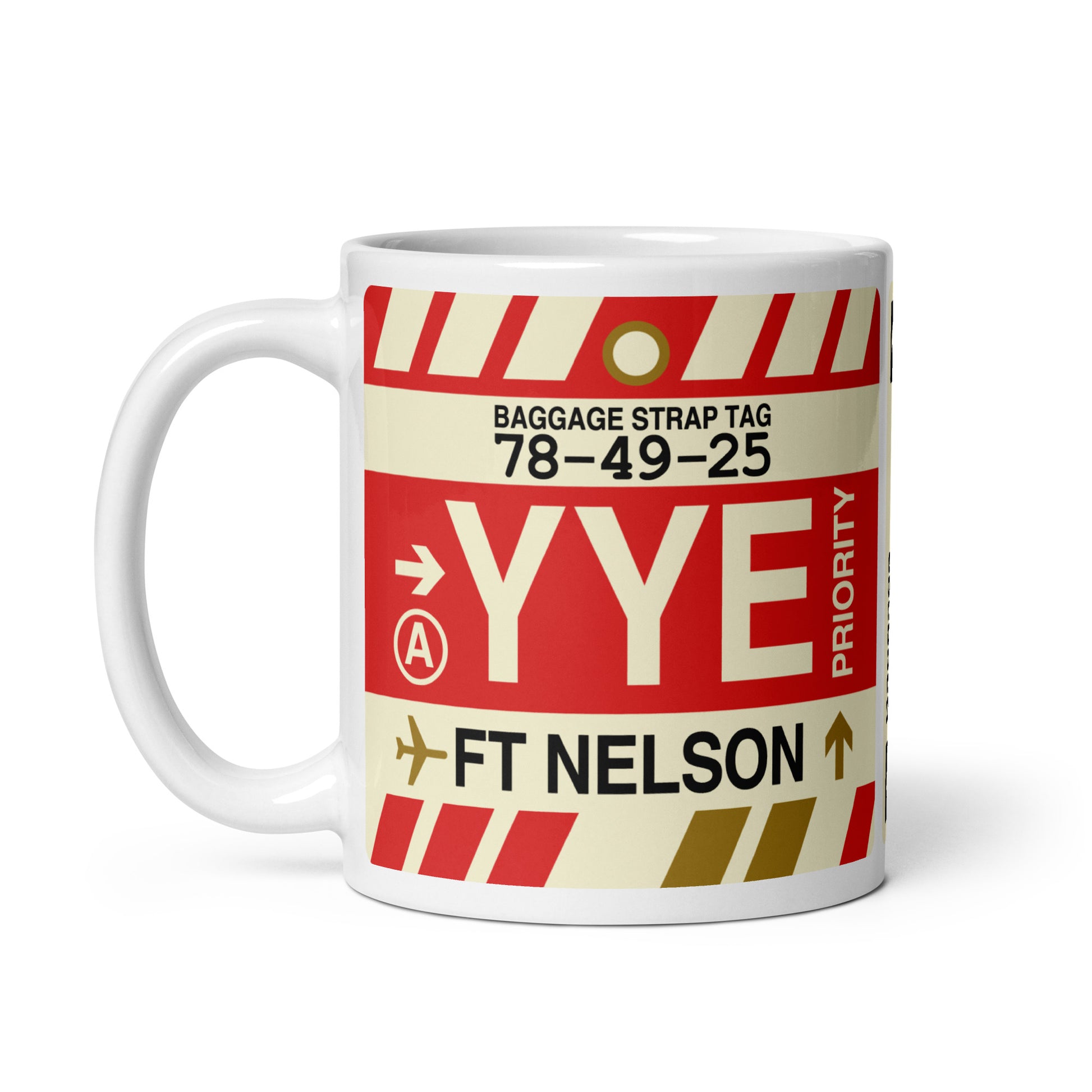 YYE Fort Nelson Coffee Mug • Jet Age Baggage Tag Design • YHM Designs - Image 02