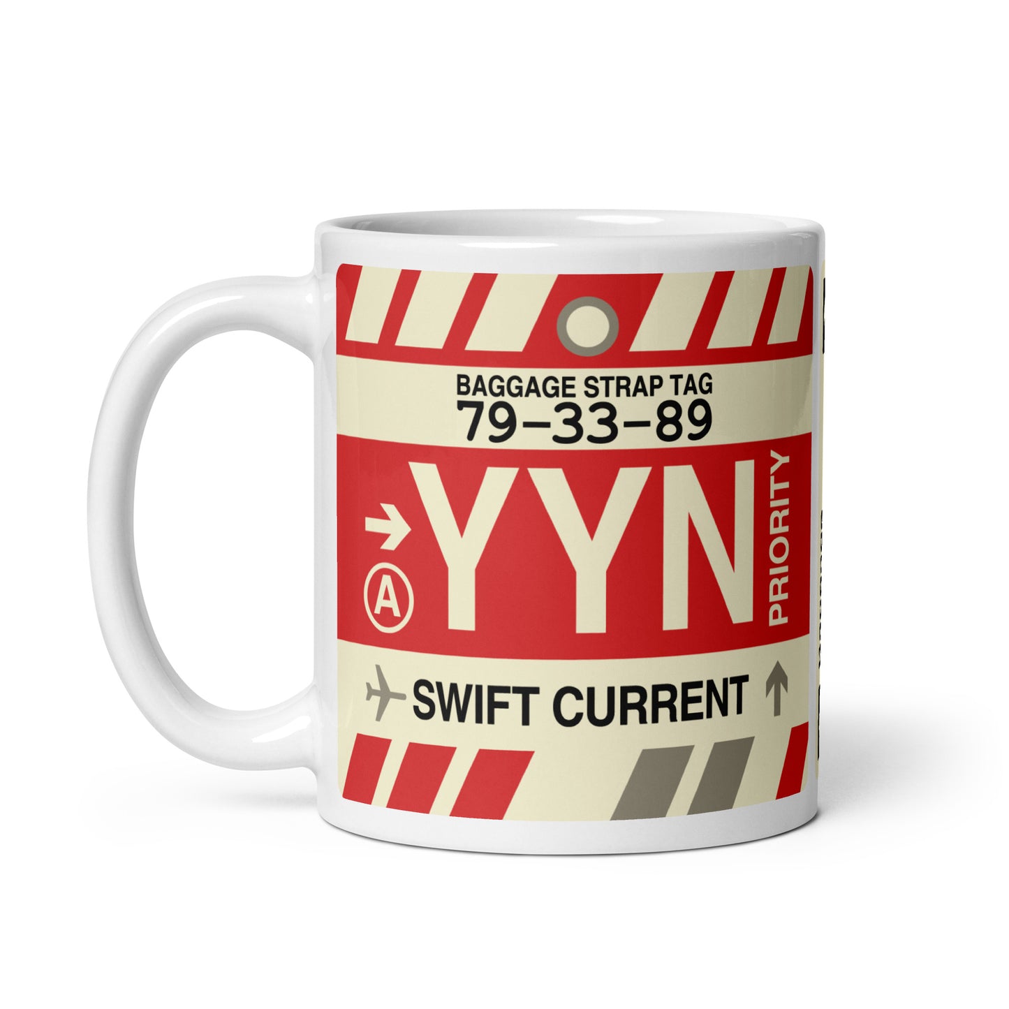 YYN Swift Current Coffee Mug • Jet Age Baggage Tag Design • YHM Designs - Image 02