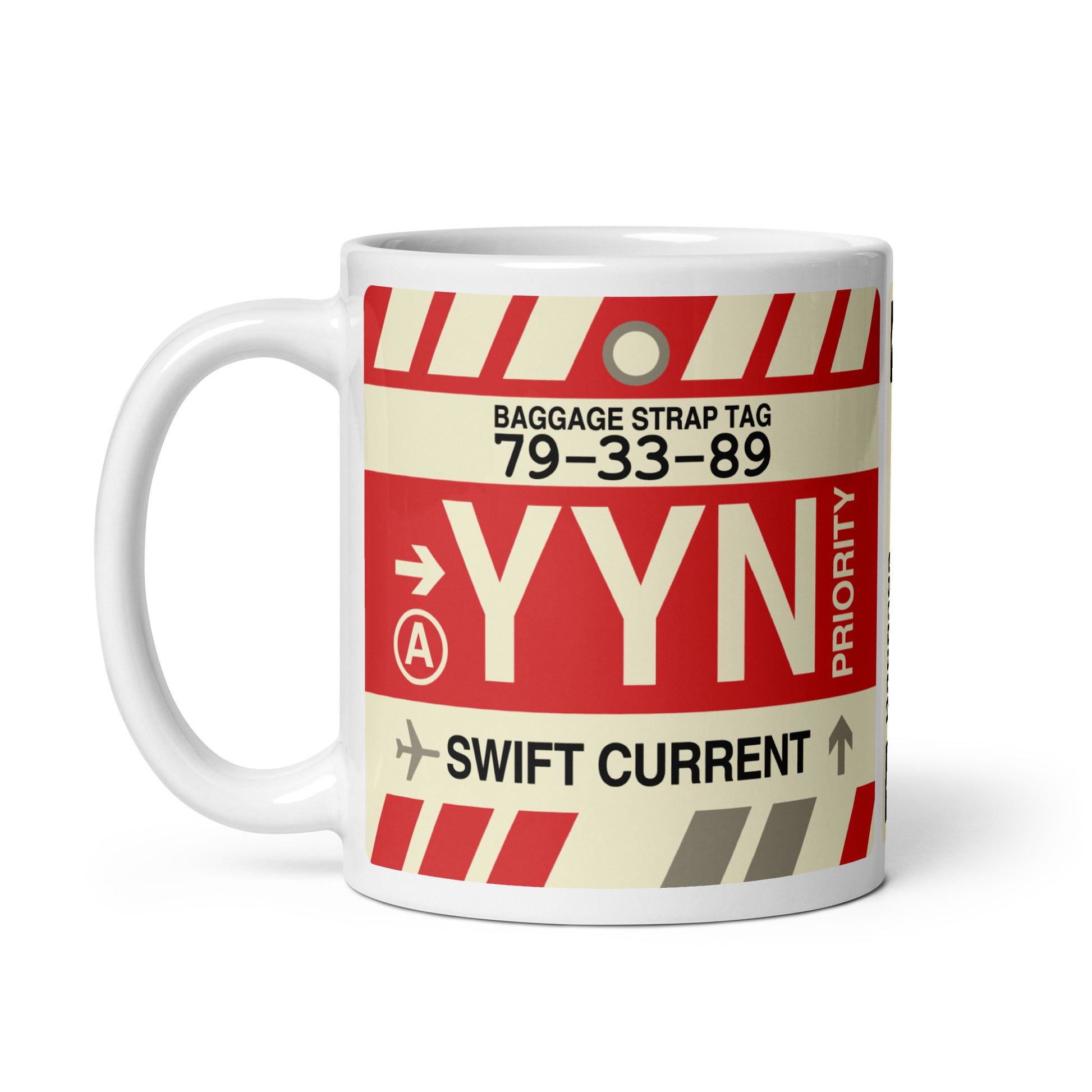 YYN Swift Current Coffee Mug • Jet Age Baggage Tag Design • YHM Designs - Image 02