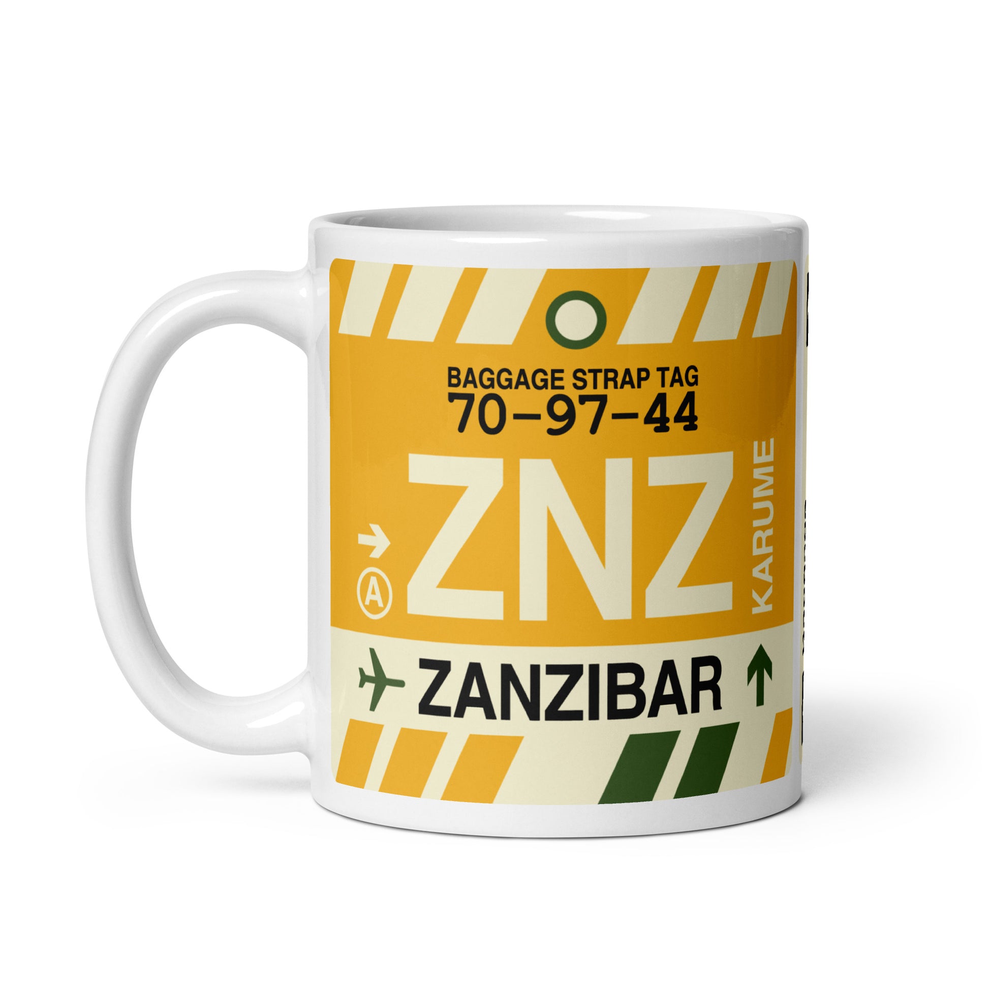ZNZ Zanzibar Coffee Mug • Jet Age Baggage Tag Design • YHM Designs - Image 02