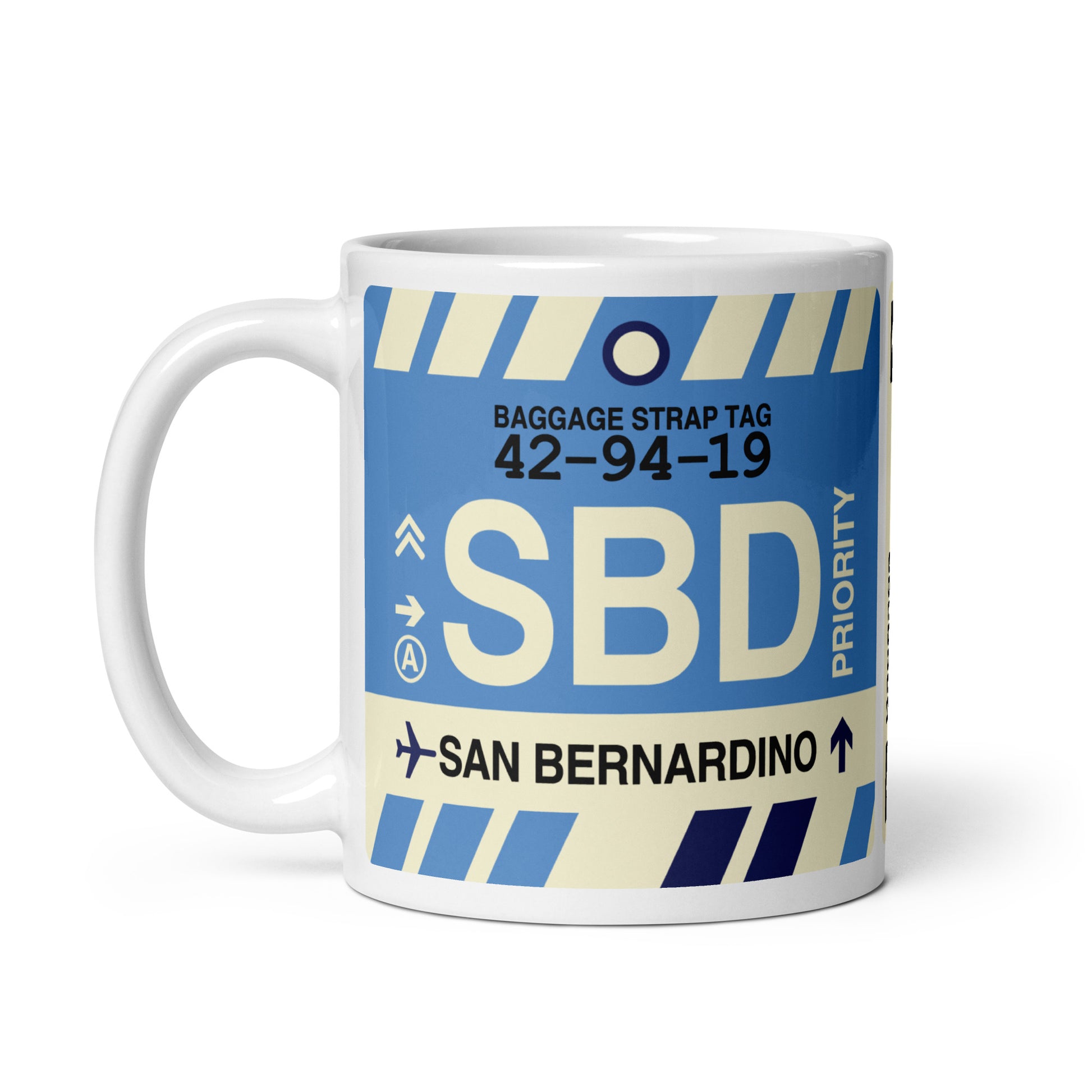 SBD San Bernardino Coffee Mug • Jet Age Baggage Tag Design • YHM Designs - Image 02