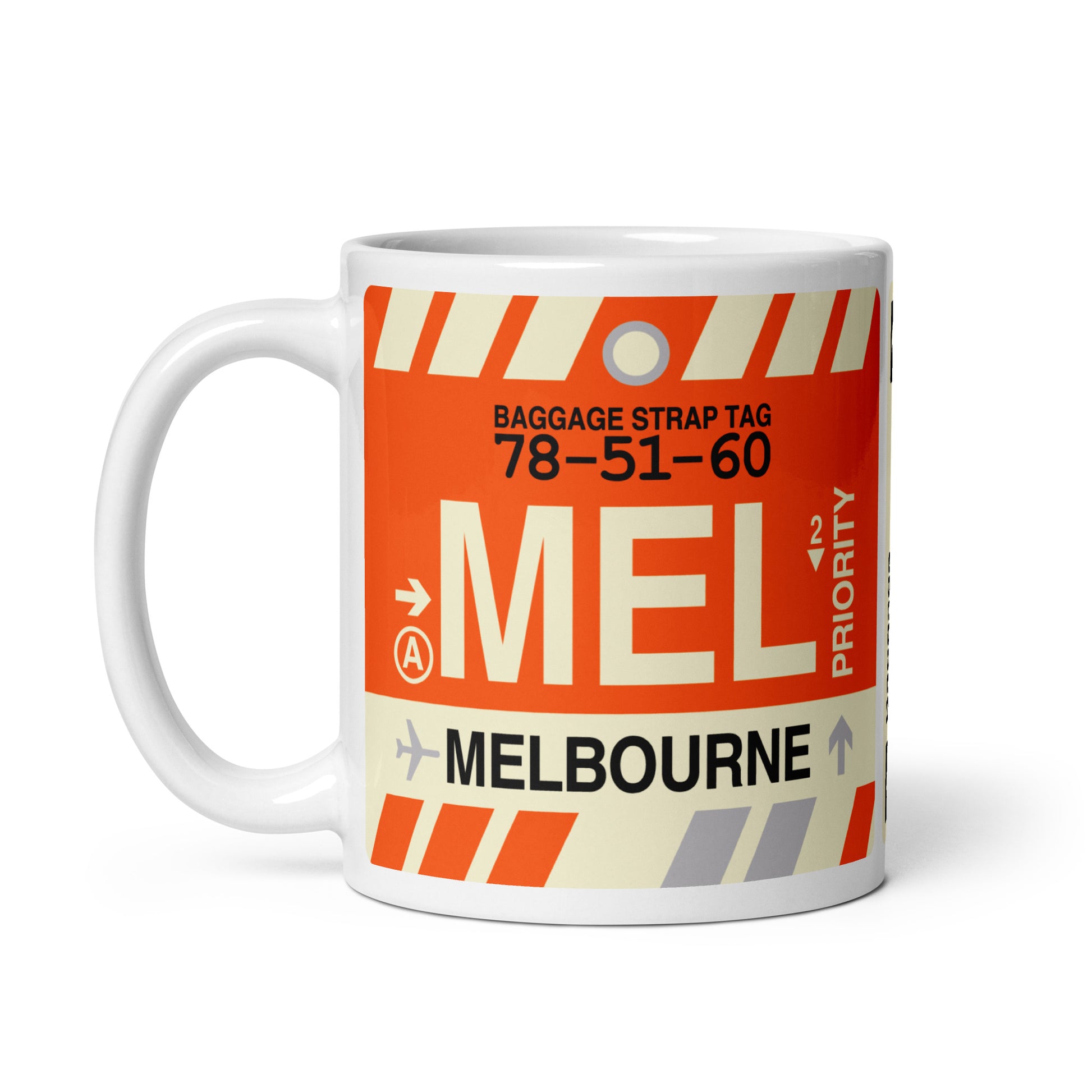 MEL Melbourne Coffee Mug • Jet Age Baggage Tag Design • YHM Designs - Image 02