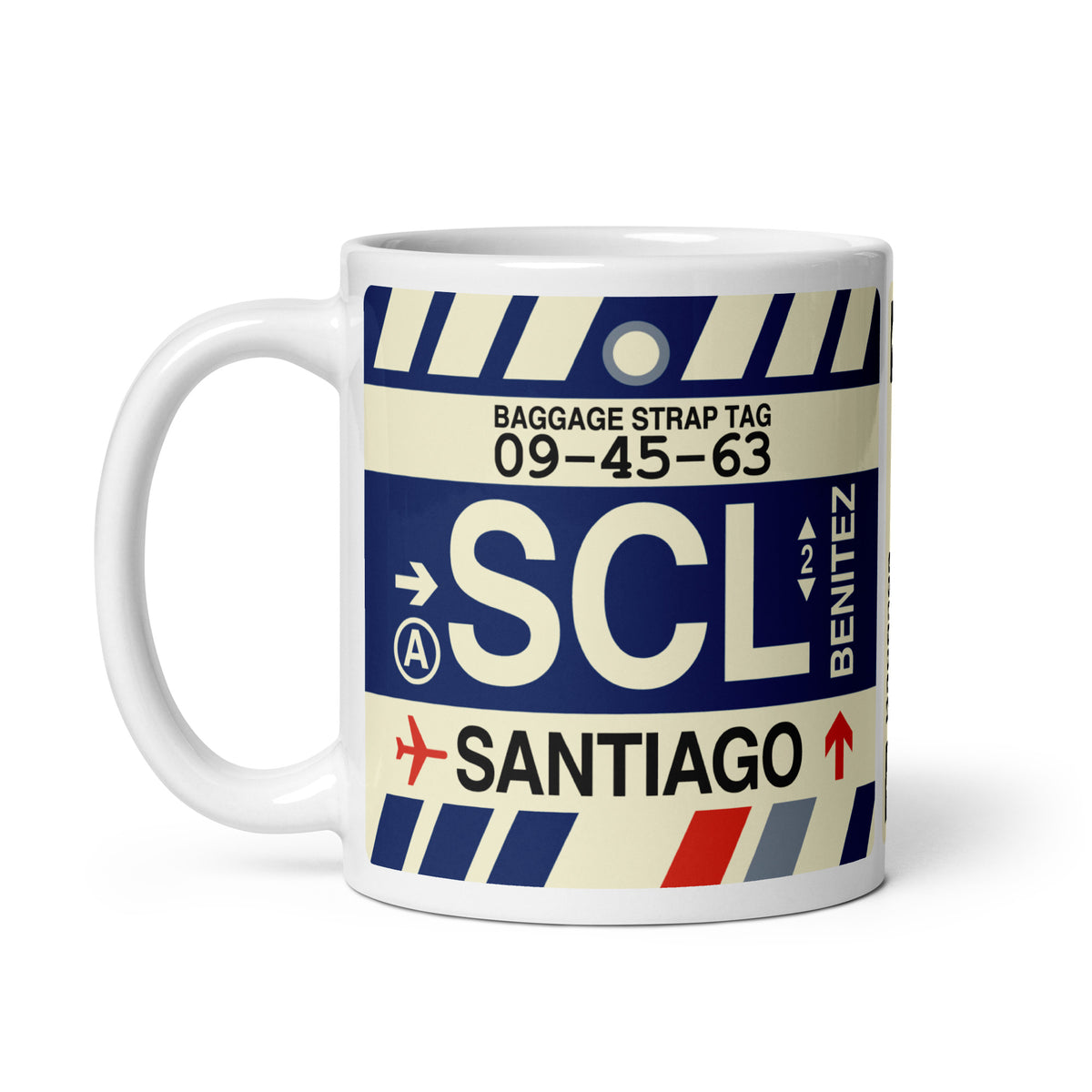 SCL Santiago Coffee Mug • Jet Age Baggage Tag Design • YHM Designs - Image 02