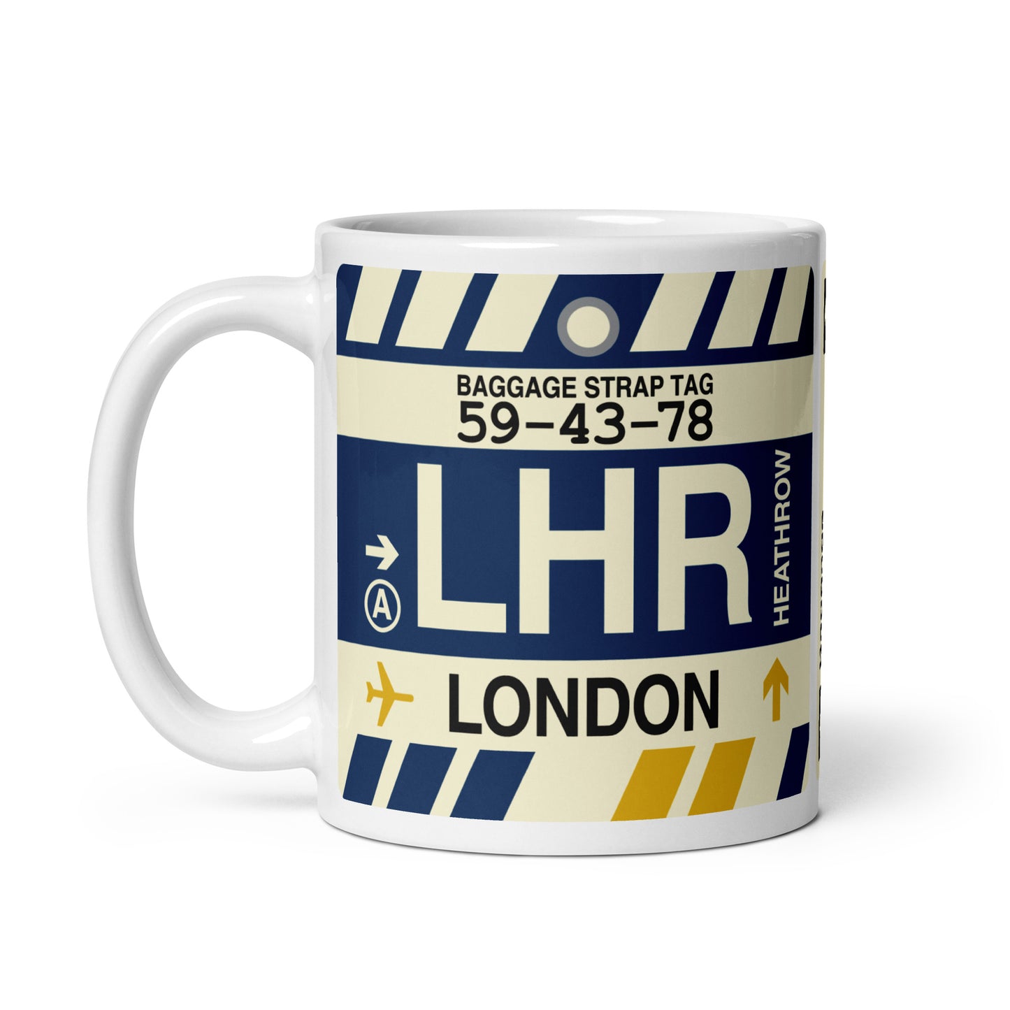 LHR London Coffee Mug • Jet Age Baggage Tag Design • YHM Designs - Image 02
