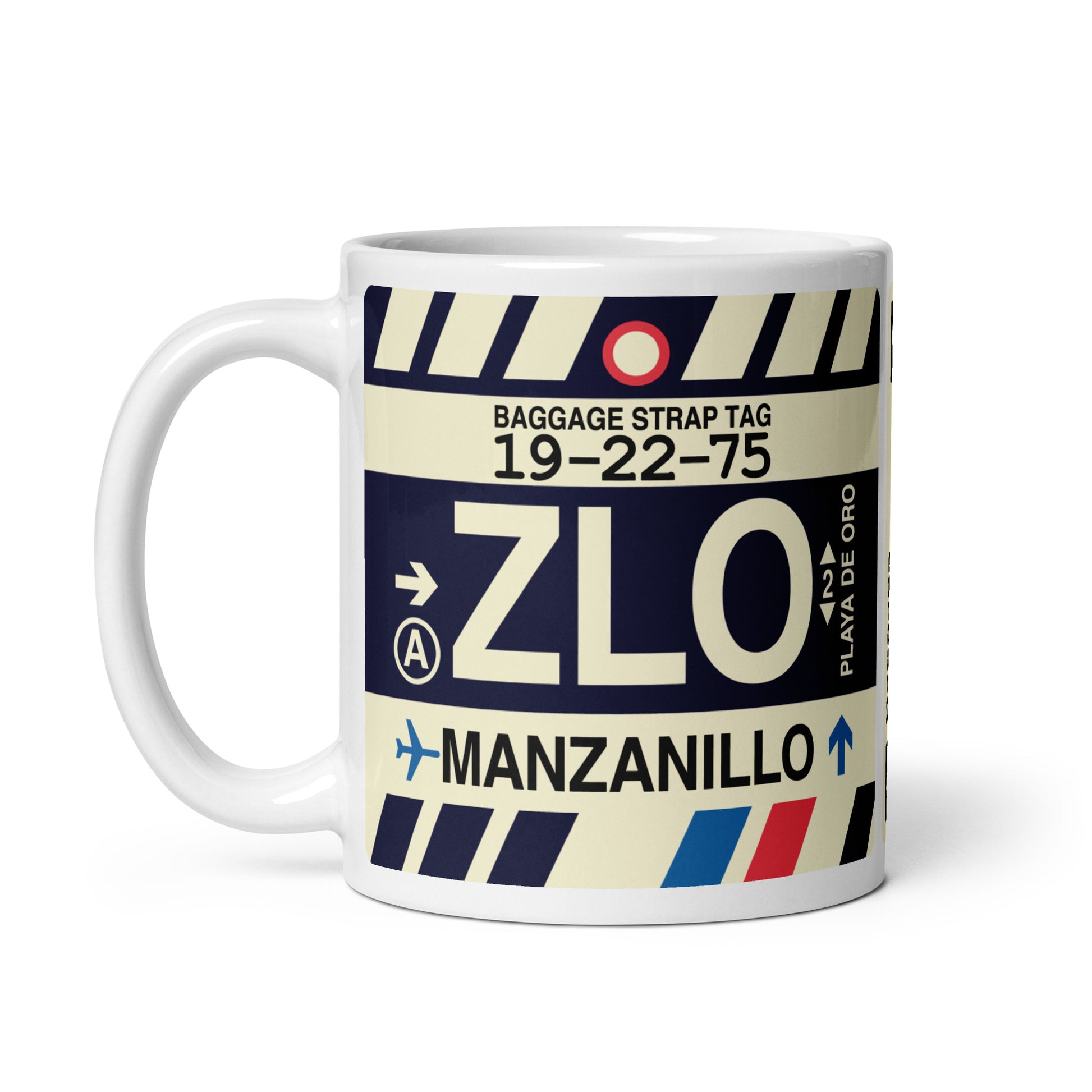 ZLO Manzanillo Coffee Mug • Jet Age Baggage Tag Design • YHM Designs - Image 03