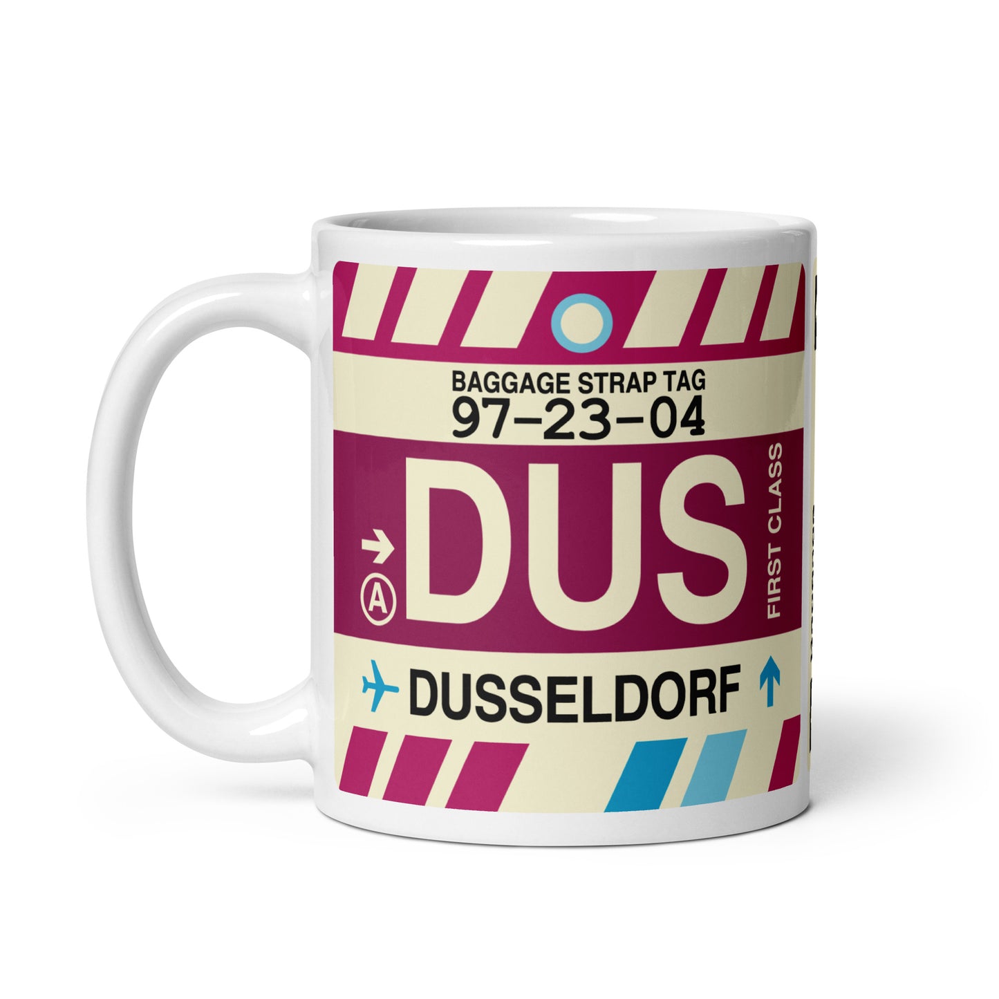 DUS Dusseldorf Coffee Mug • Jet Age Baggage Tag Design • YHM Designs - Image 02