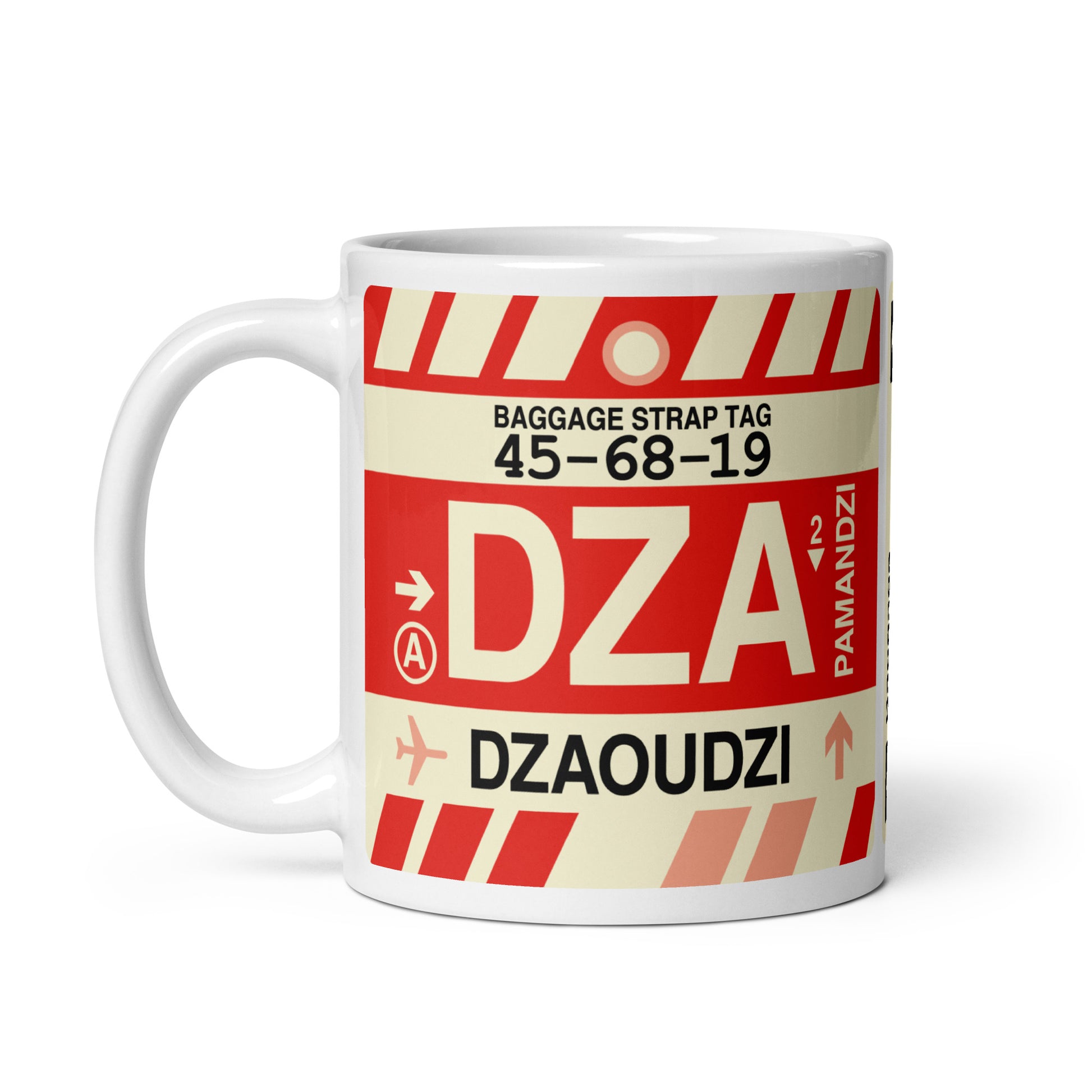 DZA Dzaoudzi Coffee Mug • Jet Age Baggage Tag Design • YHM Designs - Image 02