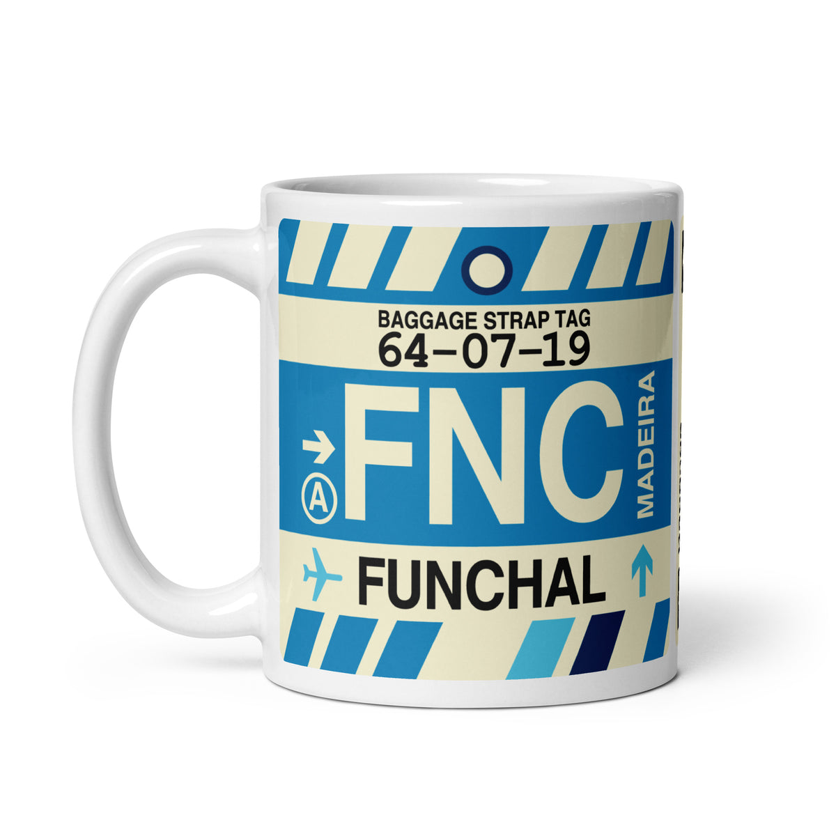 FNC Funchal Coffee Mug • Jet Age Baggage Tag Design • YHM Designs - Image 02