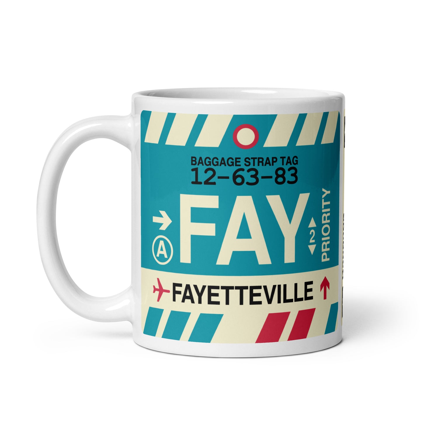 FAY Fayetteville Coffee Mug • Jet Age Baggage Tag Design • YHM Designs - Image 02