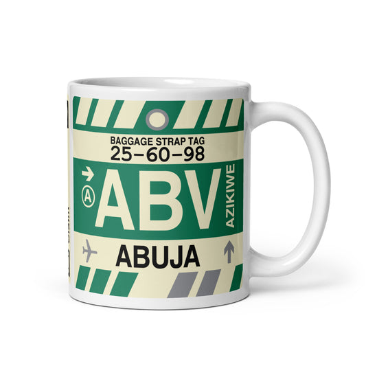 ABV Abuja Coffee Mug • Jet Age Baggage Tag Design • YHM Designs - Image 01