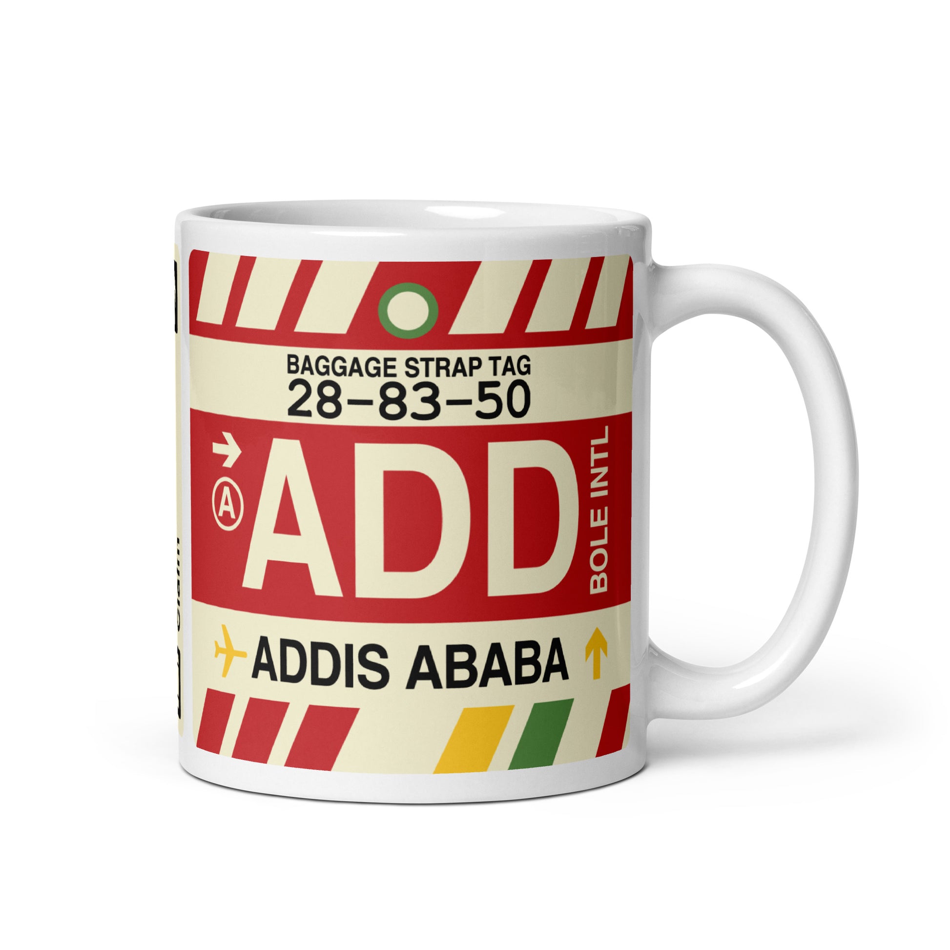 ADD Addis Ababa Coffee Mug • Jet Age Baggage Tag Design • YHM Designs - Image 01