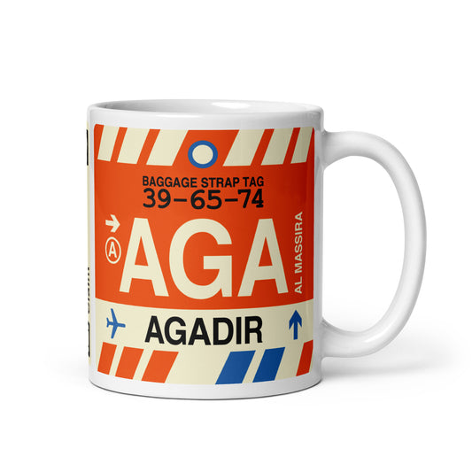 AGA Agadir Coffee Mug • Jet Age Baggage Tag Design • YHM Designs - Image 01