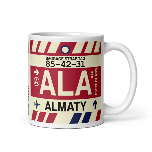 ALA Almaty Coffee Mug • Jet Age Baggage Tag Design • YHM Designs - Image 01