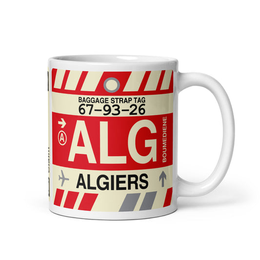 ALG Algiers Coffee Mug • Jet Age Baggage Tag Design • YHM Designs - Image 01
