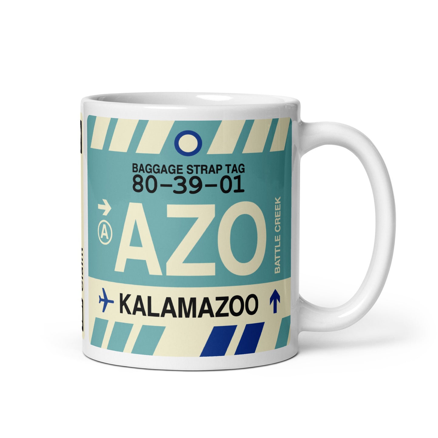 AZO Kalamazoo Coffee Mug • Jet Age Baggage Tag Design • YHM Designs - Image 01
