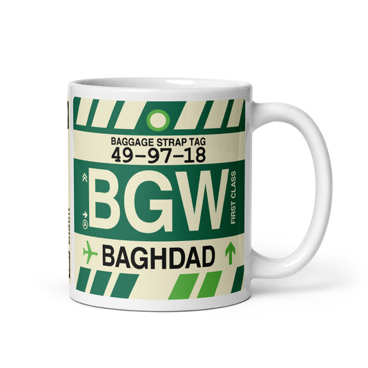 BGW Baghdad Coffee Mug • Jet Age Baggage Tag Design • YHM Designs - Image 01