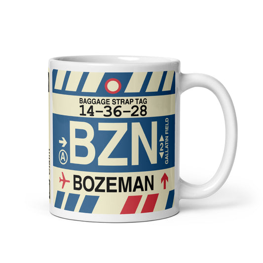 BZN Bozeman Coffee Mug • Jet Age Baggage Tag Design • YHM Designs - Image 01