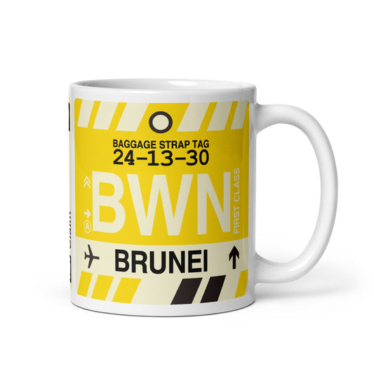 BWN Brunei Coffee Mug • Jet Age Baggage Tag Design • YHM Designs - Image 01