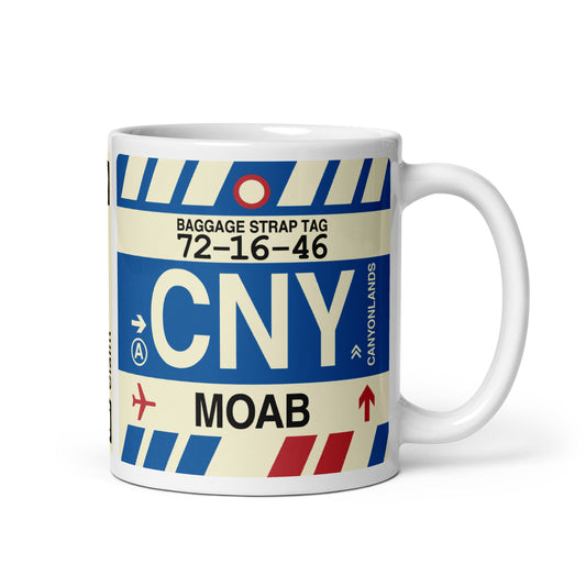 CNY Moab Coffee Mug • Jet Age Baggage Tag Design • YHM Designs - Image 01