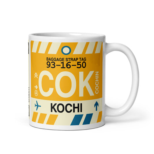 COK Kochi Coffee Mug • Jet Age Baggage Tag Design • YHM Designs - Image 01