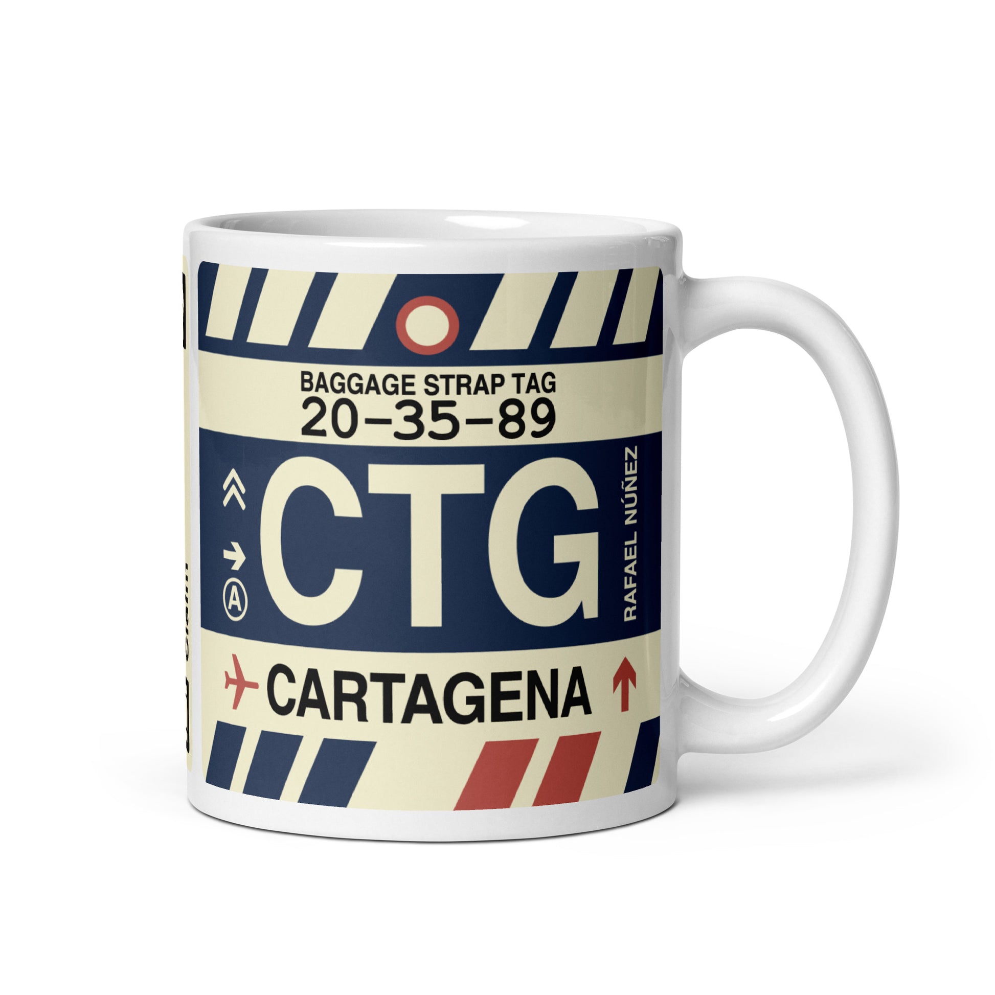 CTG Cartagena Coffee Mug • Jet Age Baggage Tag Design • YHM Designs - Image 01