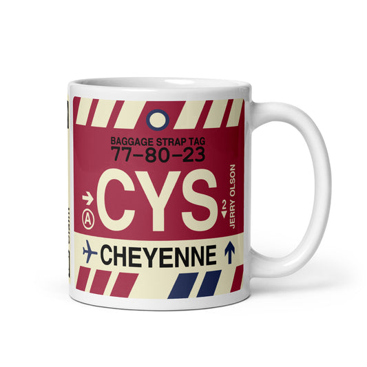 CYS Cheyenne Coffee Mug • Jet Age Baggage Tag Design • YHM Designs - Image 01