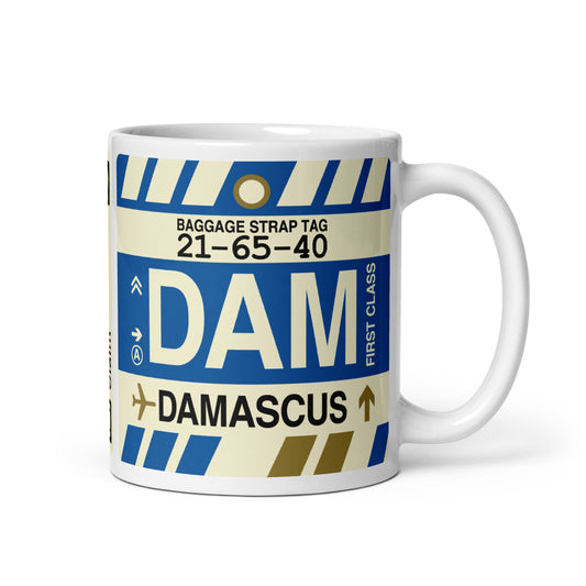 DAM Damascus Coffee Mug • Jet Age Baggage Tag Design • YHM Designs - Image 01