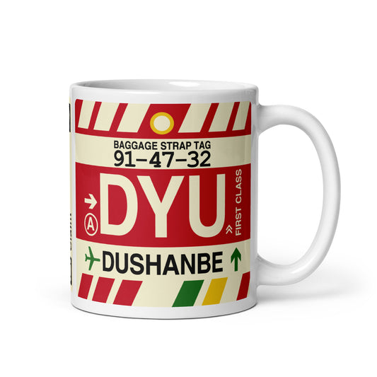 DYU Dushanbe Coffee Mug • Jet Age Baggage Tag Design • YHM Designs - Image 01