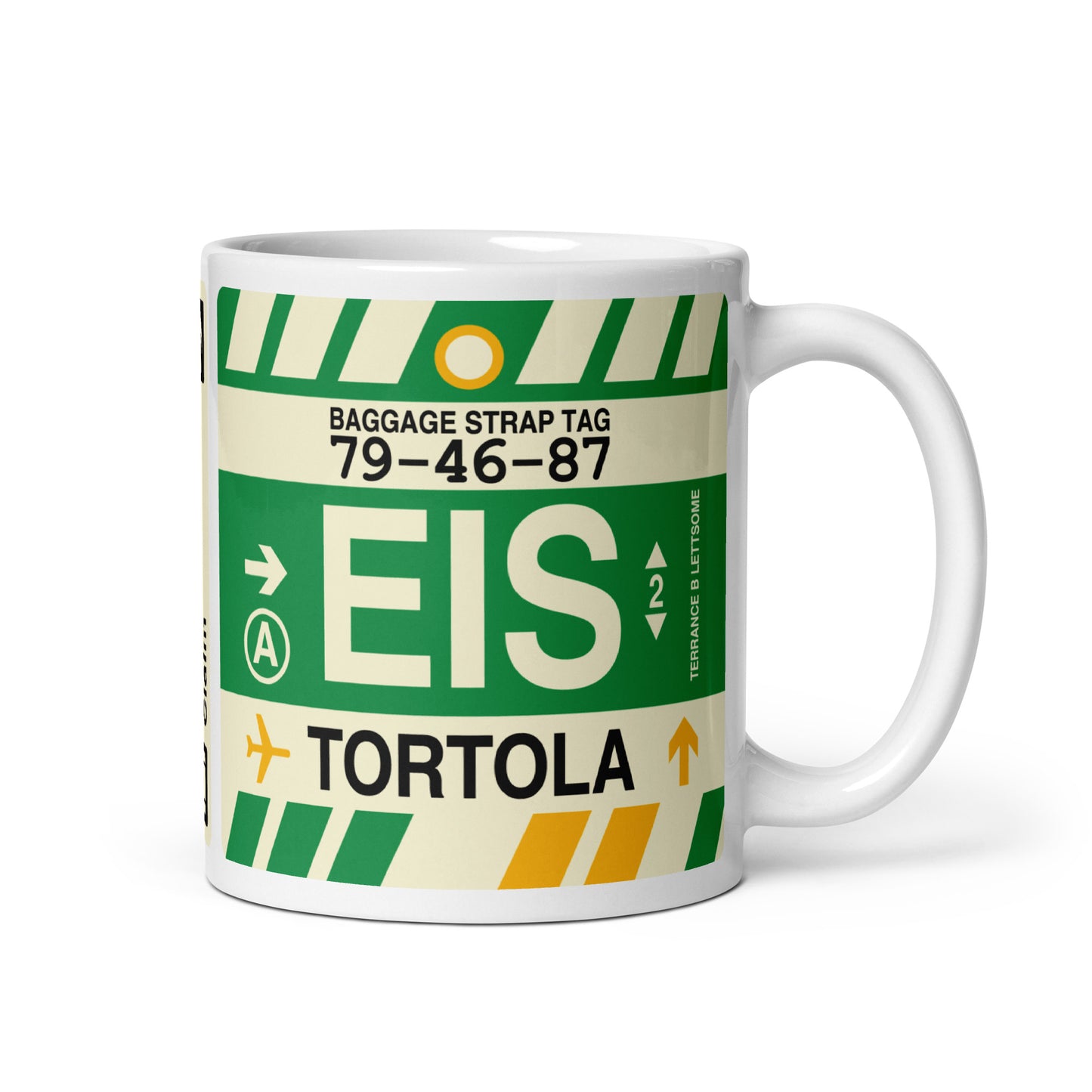 EIS Tortola Coffee Mug • Jet Age Baggage Tag Design • YHM Designs - Image 01