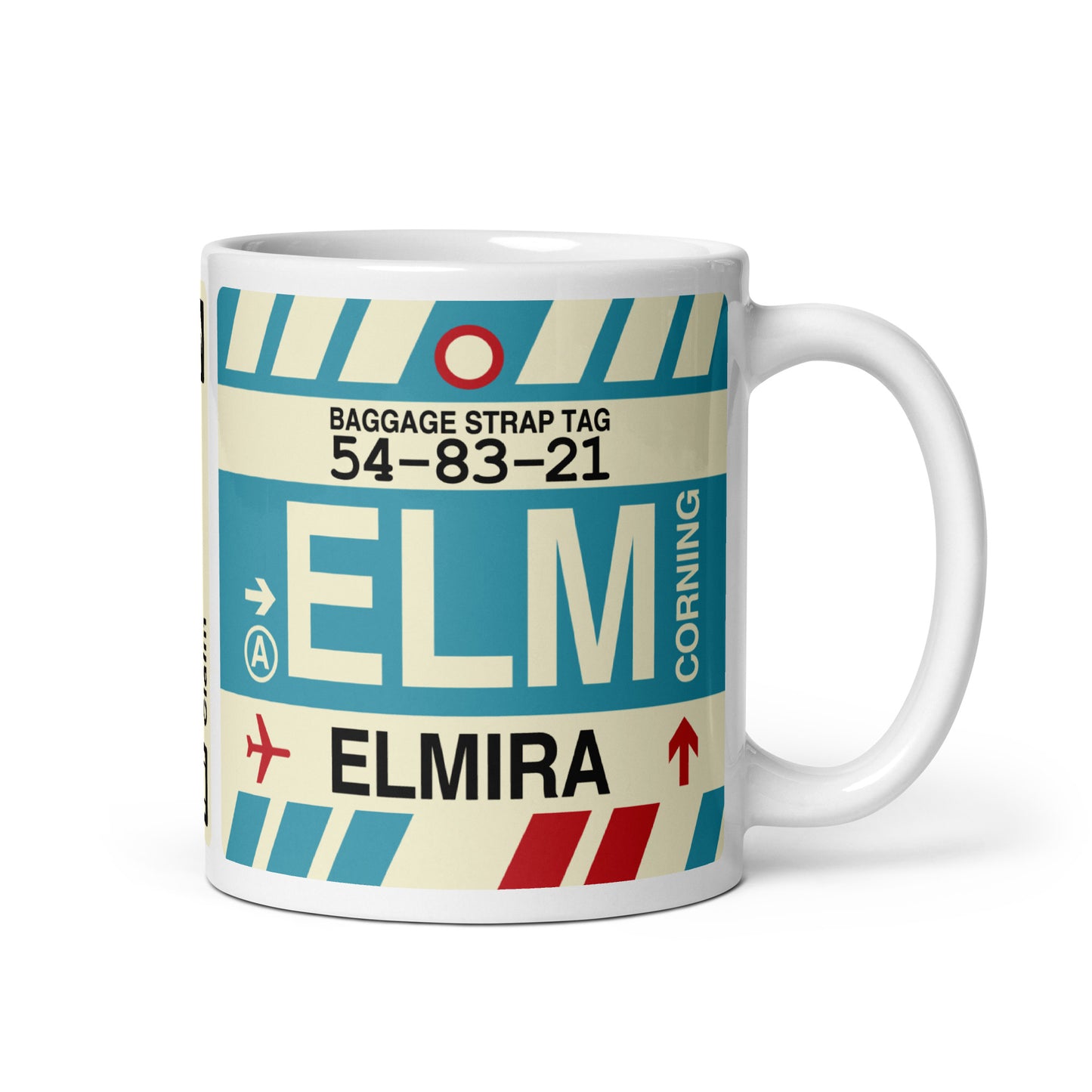 ELM Elmira-Corning Coffee Mug • Jet Age Baggage Tag Design • YHM Designs - Image 01