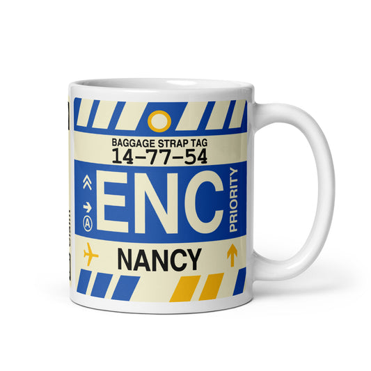 ENC Nancy Coffee Mug • Jet Age Baggage Tag Design • YHM Designs - Image 01