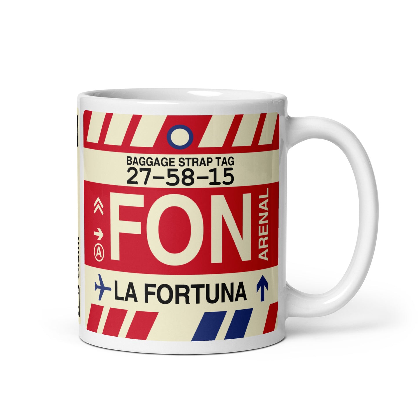 FON La Fortuna Coffee Mug • Jet Age Baggage Tag Design • YHM Designs - Image 01