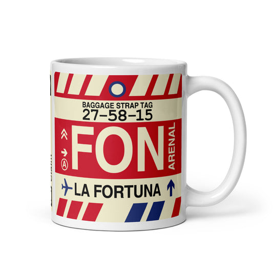 FON La Fortuna Coffee Mug • Jet Age Baggage Tag Design • YHM Designs - Image 01