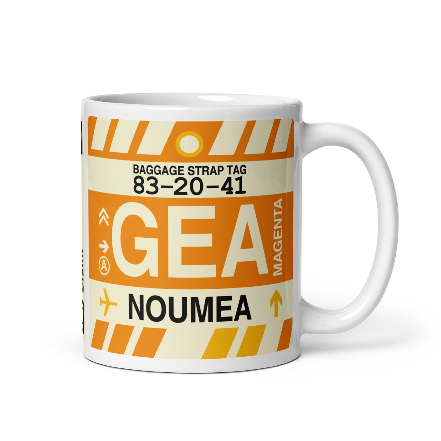 GEA Nouméa Coffee Mug • Jet Age Baggage Tag Design • YHM Designs - Image 01