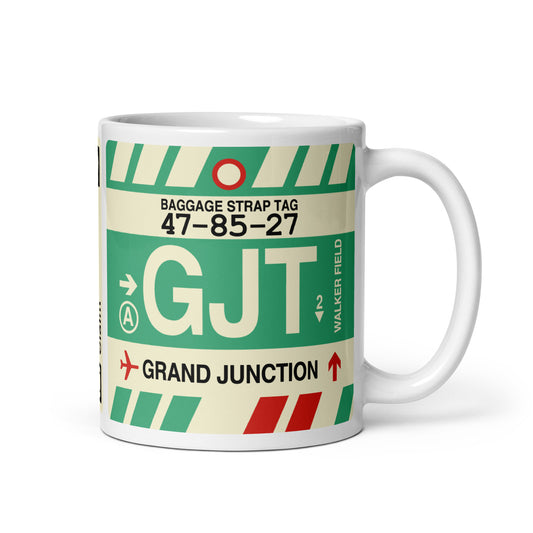 GJT Grand Junction Coffee Mug • Jet Age Baggage Tag Design • YHM Designs - Image 01