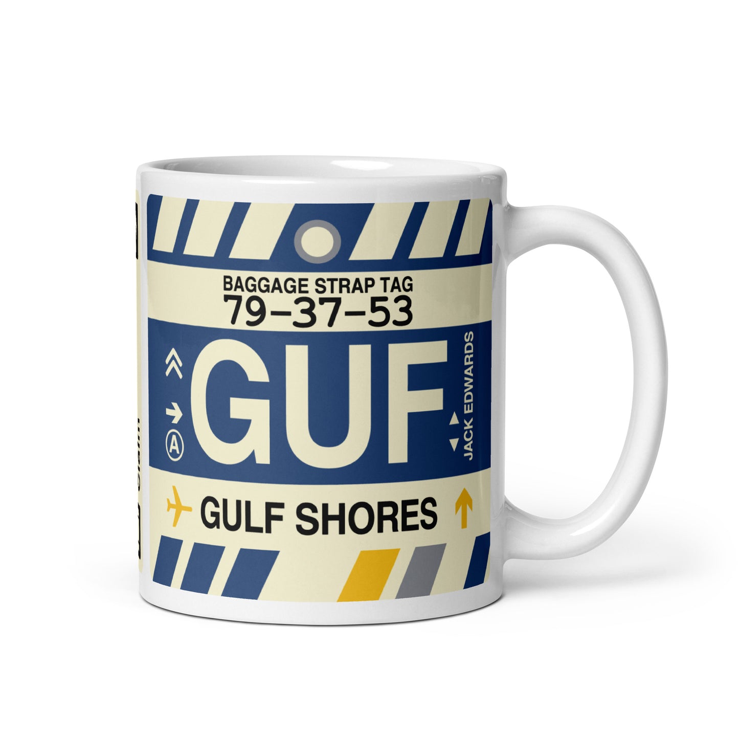 GUF Gulf Shores Coffee Mug • Jet Age Baggage Tag Design • YHM Designs - Image 01