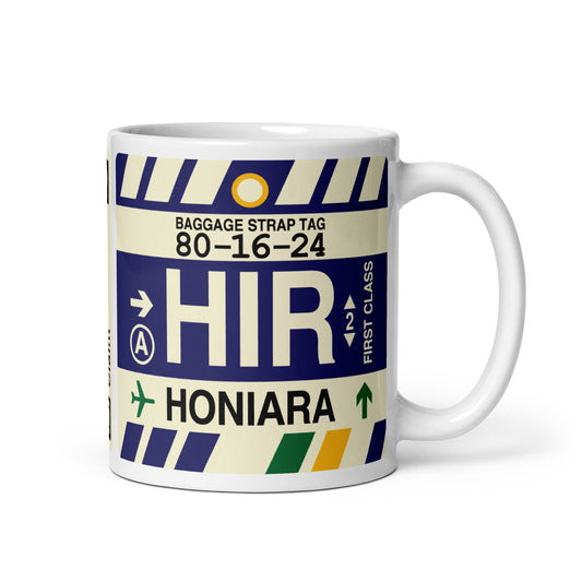HIR Honiara Coffee Mug • Jet Age Baggage Tag Design • YHM Designs - Image 01