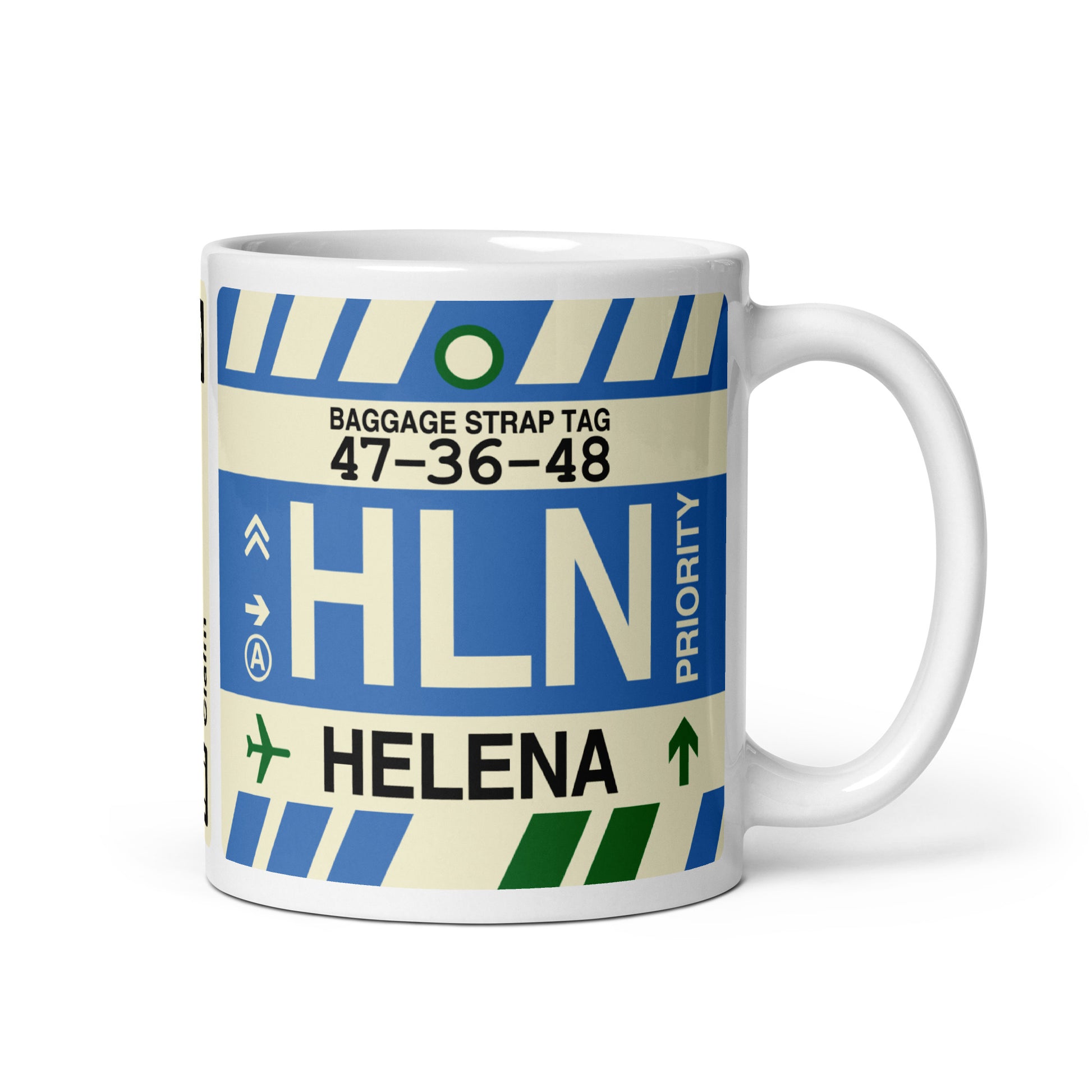 HLN Helena Coffee Mug • Jet Age Baggage Tag Design • YHM Designs - Image 01